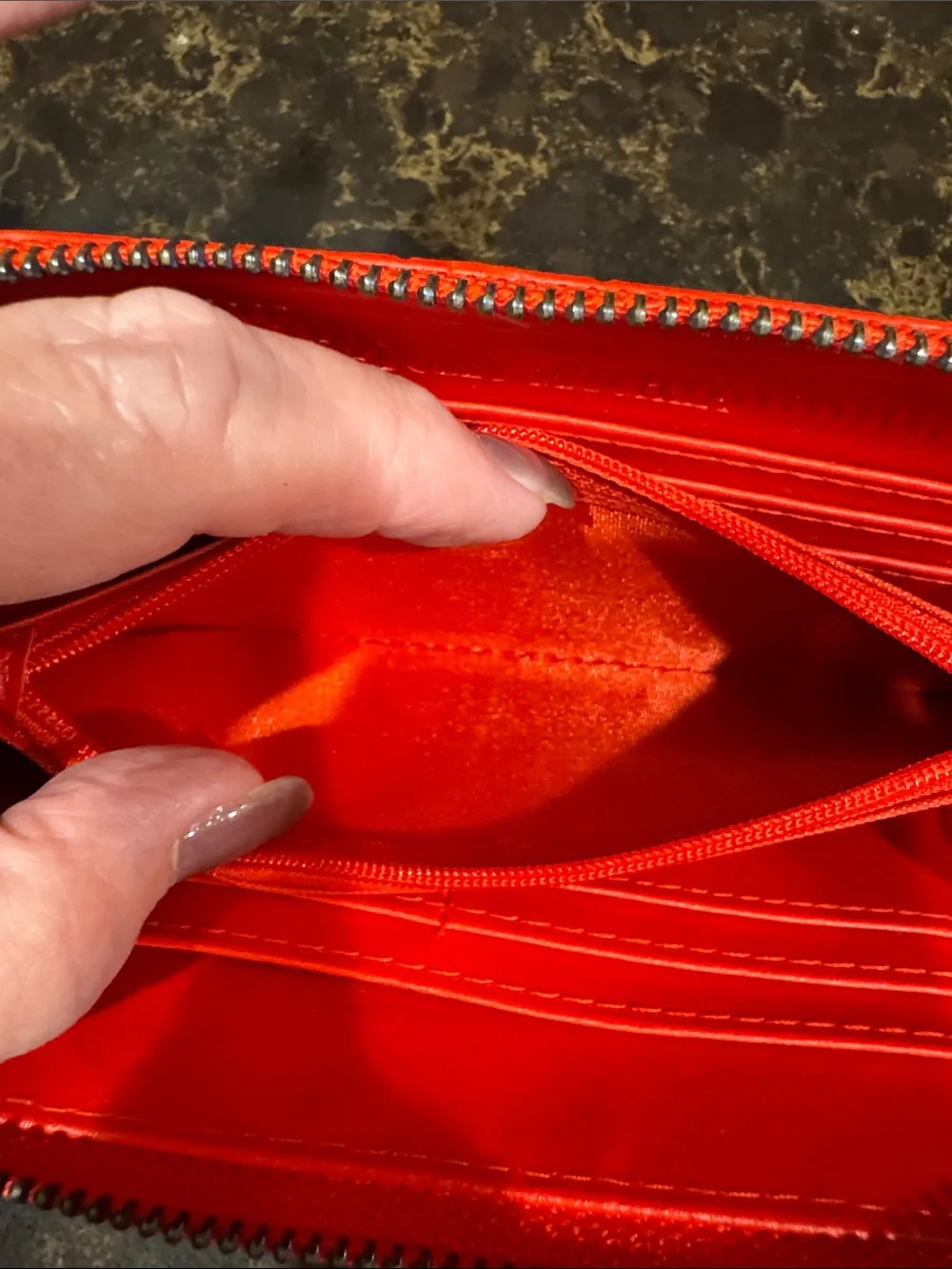 Badgley Mischka Red Zip Wallet with Embossed Logo zipper pull replaced